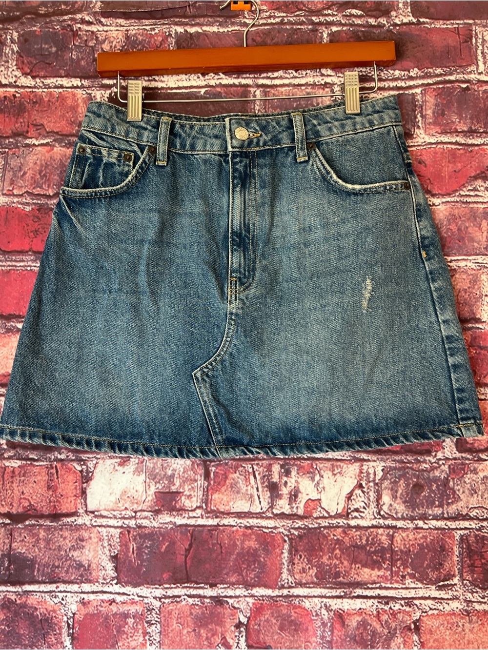 Topshop Distressed Denim A-Line Mini Skirt Medium Wash US 6